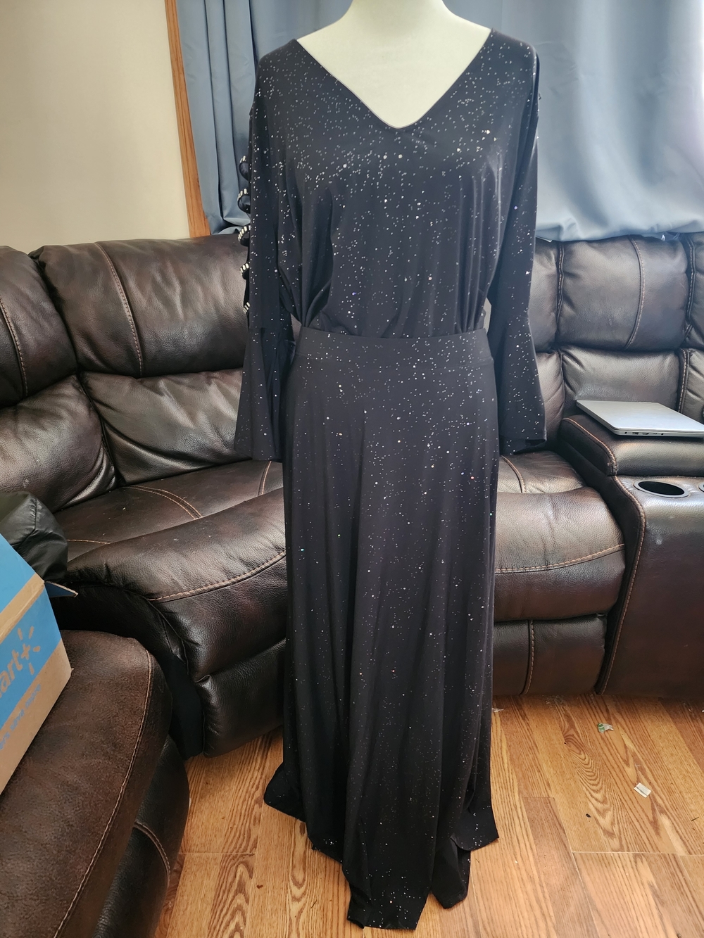 Roaman's 2-Piece Black Sparkle Maxi Skirt with Matching V-Neck Long Sleeved Top